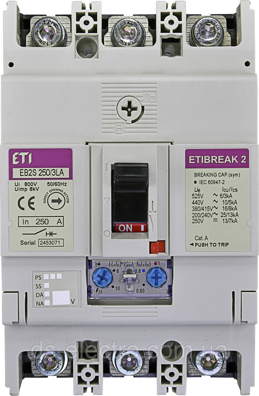 Автоматичний вимикач ETIBREAK EB2S (250LA-16kA; з регульованим тепловим і електромагнітним), ETI, 250