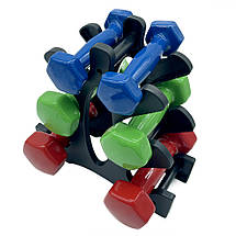Кольорові вінілові гантелі для фітнесу на підставці Newt Vinyl Dumbbell Set 2 шт. по 2 кг, 3 кг, 4 кг (18 кг.), фото 3