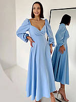 Нарядне довге вечірнє плаття з довгим рукавом та декольте, блакитне