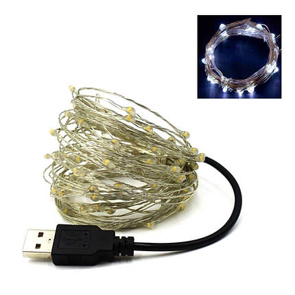 Світлодіодна гірлянда USB LED Крапля роси на дроті 10 м на 100 лампочок холодне світло, фото 1