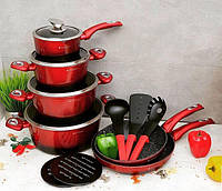 Набір посуду з 15 предметів Edenberg із мармуровим покриттям червоний, фото 5
