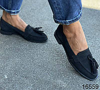 Туфли мокасины женские натуральный замш черные