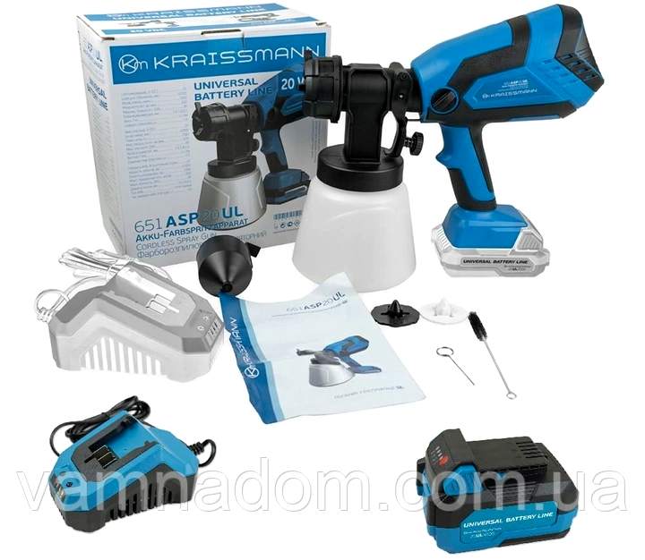 Краскопульт акумуляторний KRAISSMANN 651 ASP 20UL (Акумулятор 20 В, 4 А/год і Зарядний пристрій), фото 1