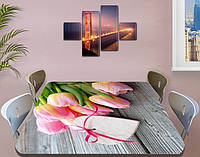 Наклейка на стол Розовые нежные Тюльпаны, виниловая интерьерная пленка для декора, цветы, розовый 70 х 120 см