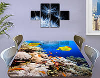 Виниловая наклейка на стол Желты рыбы и Кораллы декоративная пленка с ламинацией аквариум, синий 60 х 100 см