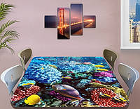 Виниловая наклейка на стол Кораллы и рыбы ламинированная двойная пленка, 70 х 120 см, подводный мир, синий