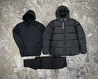 Комплект 3 в 1 Куртка зимняя черная + спортивный костюм худи и штаны черного цвета с начесом