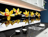 Наклейка на кухонный фартук 60 х 250 см, фотопечать с защитной ламинацией Желтые орхидеи на камнях