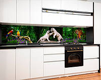 Наклейка на кухонный фартук 60 х 250 см, фотопечать с защитной ламинацией Тигры, попугаи в джунглях