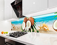 Наклейка на кухонный фартук 60 х 300 см, фотопечать с защитной ламинацией Кокосовые орехи, тропический пляж