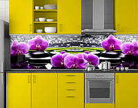 Кухонная панель на фартук Фиолетовые орхидеи на черных камнях (скинали пластиковые) ПЭТ 62х205 см, 1,2 мм