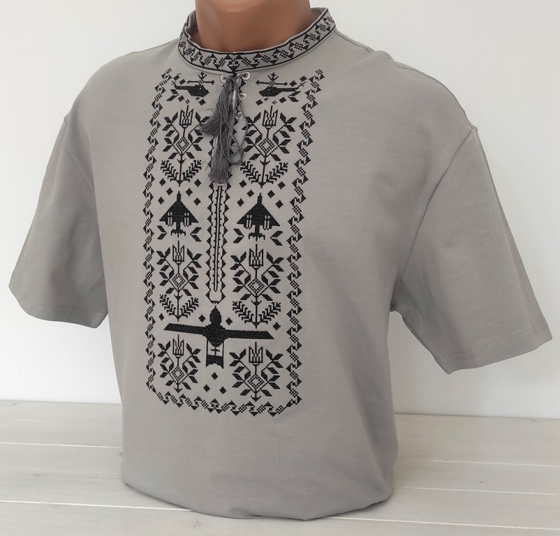 Футболка вишиванка Талісман для повітряних сили України на сірому, футболка вишивка, футболка вишиванка, футболка з вишиванкою, фото 1