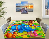 Детская наклейка на стол Бегемот и Обезьянка виниловая самоклеющаяся интерьерная пленка, голубой 60 х 100 см
