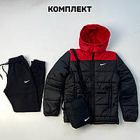 Комплект Куртка зимняя мужская Nike красно-черная + Штаны утепленные Найк черные (Сумка и Перчатки в подарок)