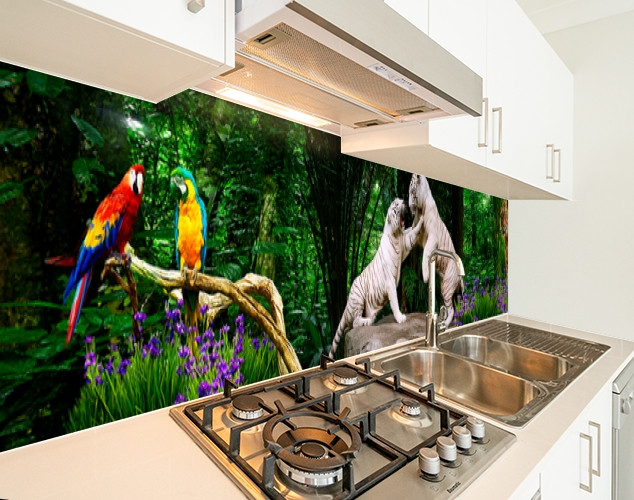 Панель на кухонный фартук под стекло с тиграми в джуглях, с двухсторонним скотчем 62 х 205 см, 1,2 мм - фото 1 - id-p1951202967