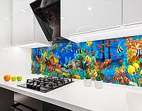 Панель на кухонный фартук жесткая с рыбами на дне моря, с двухсторонним скотчем 62 х 205 см, 1,2 мм