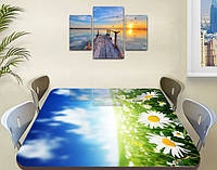 Наклейка на стол Зеленое поле Ромашек, самоклеющаяся виниловая пленка с рисунком, цветы, голубой 60 х 100 см