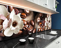 Кухонная панель на фартук с кофейными зернами и цветами ПЭТ 62х205 см