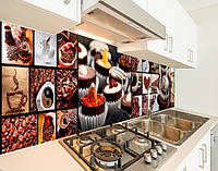 Панель кухонная, заменитель стекла коллажи с пирожным и кофе, на двухстороннем скотче 68 х 305 см, 2 мм