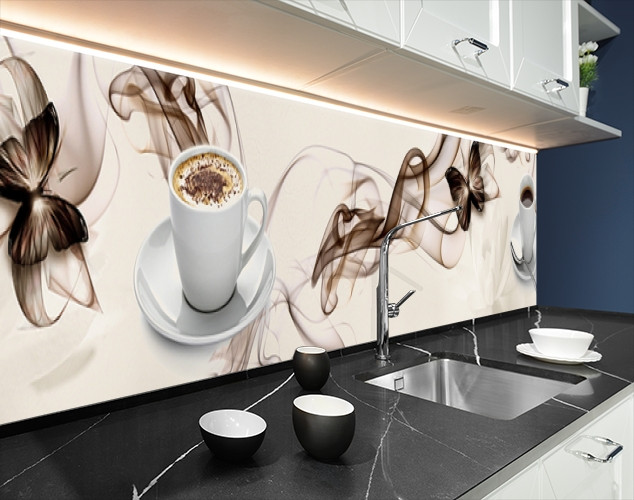 Панель на кухонний фартух жорстка чашка кави з молоком, з двостороннім скотчем 62 х 205 см, 1,2 мм