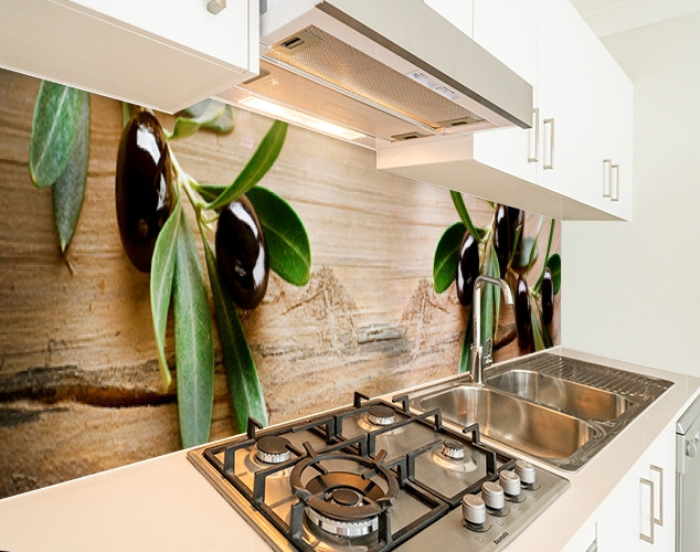 Кухонна панель жорстка ПЕТ оливки на столі, з двостороннім скотчем 62 х 205 см, 1,2 мм, фото 1