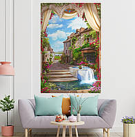 Постер декоративный, Двор с фонтаном, для визуального расширения пространства помещения 180 х 118 см с