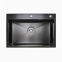Кухонная мойка из нержавейки Platinum 650х450х220 черная (3.0/1.5 корзина и дозатор в комплекте) прямоугольная