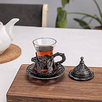 Турецкий стакан Армуды с лукумницей для чая и кофе. Темное Серебро(BRT)