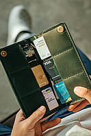 Мужской клатч портмоне из кожи на кнопках Зеленый 6 отделений для карт | 2 отделений для купюр + Монетница