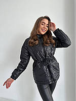Женская куртка стежка с затяжкой на поясе стеганная демисезонная курточка на подкладе с капюшоном и поясом