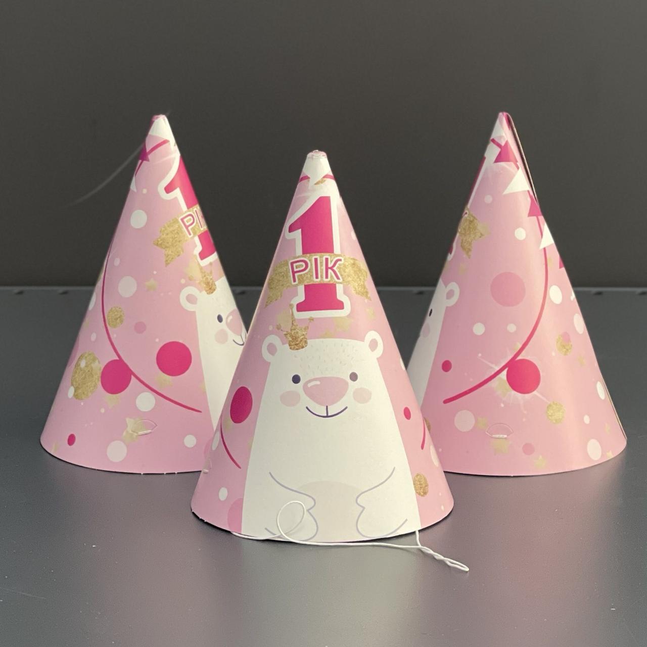 Ковпак святковий "Ведмедик, 1 рік", рожевий, Колпак "1 годик", фото 1