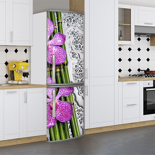 Вінілова наклейка на холодильник, квіти на бамбуку, 180х60 см - Лицьова (В), з ламінуванням