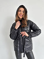 Женская куртка стежка с затяжкой на поясе стеганная демисезонная курточка на подкладе с капюшоном и поясом Черный, 52