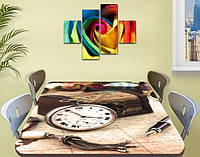 Виниловая наклейка на стол Винтаж Часы и Сундук, интерьерная пленка декор, абстракция, коричневый 70 х 120 см