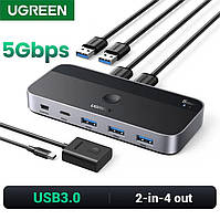 Переключатель KVM USB 3.0 UGREEN CM662 Switch 2in-4out с дополнительным питанием и пультом управления (15705)
