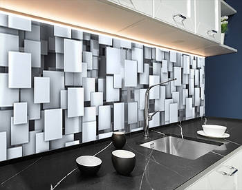 Кухонна панель на стіну жорстка з об'ємною 3д текстурою кубів, з двостороннім скотчем 62 х 205 см, 1,2 мм