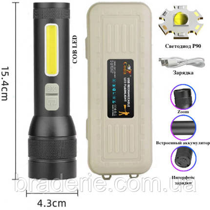 Ліхтар CB-C21-P90+COB, Li-Ion акум., zoom, ЗП microUSB, Box, фото 1
