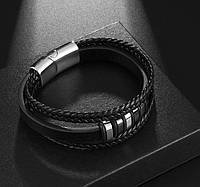 Черный кожаный браслет с серебристыми металлическими вставками