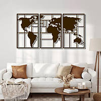 Панно 3D декоративное с объемом 15 мм для стен, Карта мира-2 60 х 114 см коричневое