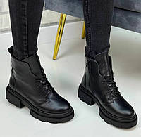 Стильные женские ботинки натуральная кожа шнуровка цвет черный размер 37 (24 см) (50400)