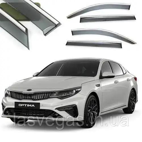 Вітровики, дефлектори з хромом KIA Optima K5 2015-2019 нержавейка, фото 1