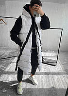 Мужская жилетка длинная (бело-черная) стильная стеганная теплая с капюшоном на молнии sKA5012W