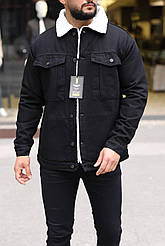 Джинсова куртка чоловіча чорна весна-осінь тепла з хутром та кишенями на грудях без капюшона Total Good