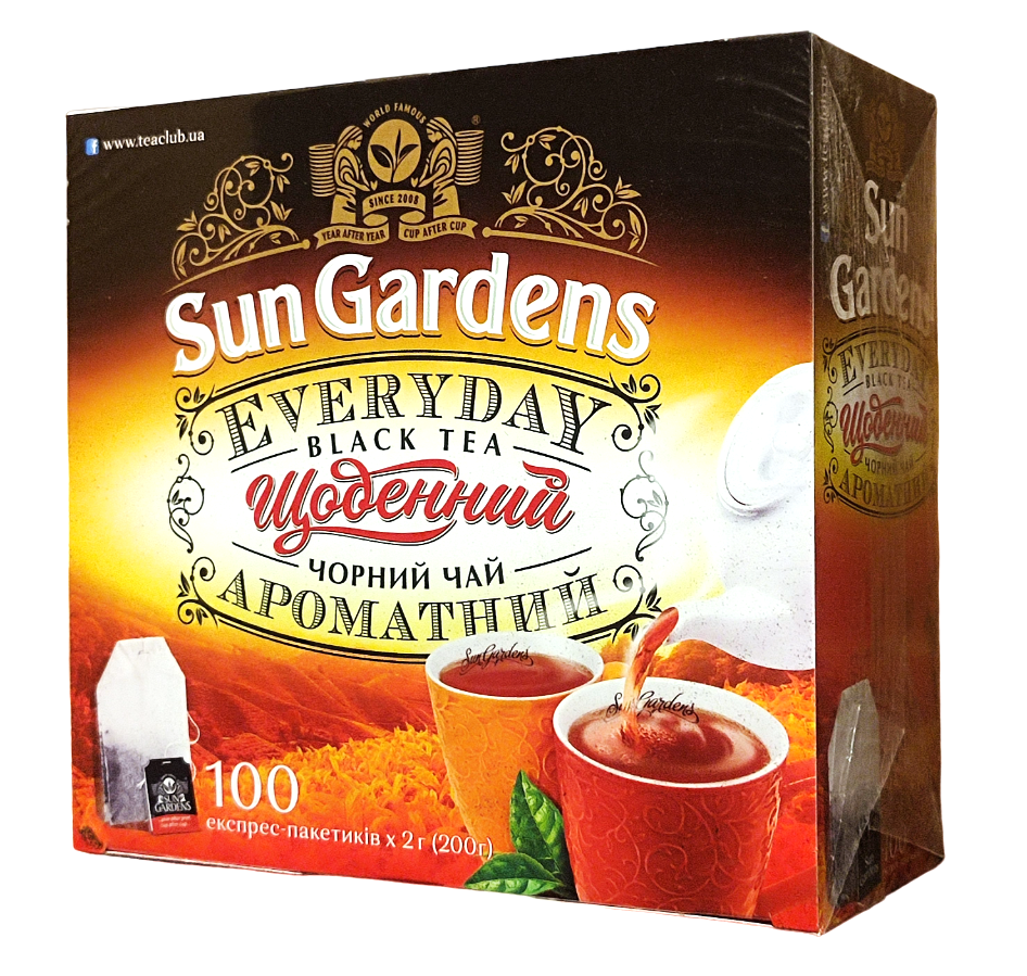 Пакетований чорний чай Sun Gardens Every Day з легкою бергамотовою нотою 100 пакетиків, фото 1