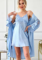 Шелковая комбинация и халат, комплект "Генуя", голубой. TM"Silk Kiss" Натуральный 100% шелк