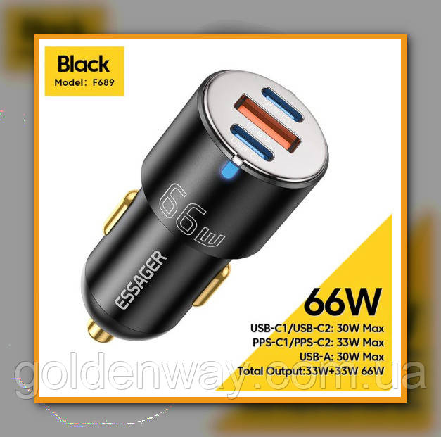 АЗП Автомобільний зарядний пристрій Essager 66 W Mini Quick Charge 4.0 Швидке заряджання PD+QC USB+Type-C