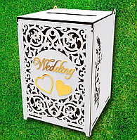 Весільний Банк для Грошей Wedding Серця із Золотим Акрилом 26 см Дерев'яна Коробка Казна Скарбничка на Весілля