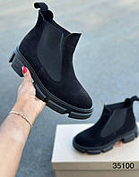 Женские ботинки челси замшевые черные демисезонные на байке на масивной подошве