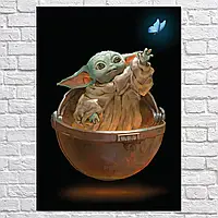 Плакат "Малыш Йода и и бабочка, Грогу, Мандалорец, Baby Yoda, Mandalorian", 60×43см