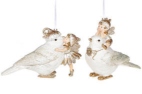 Декоративна підвісна фігурка Пташка з феєю, 10.8см, 2 дизайни, колір - білий із золотом ЗАЛИШОК